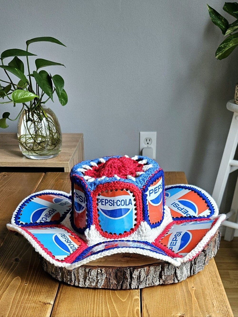 Rare Vintage Pepsi Soda Can Crochet Bucket Hat - 70s Retro Pop